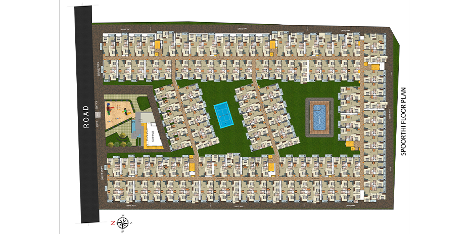 DS-MAX SPOORTHI - Apartment building floor plan featuring symmetrical unit arrangement and facilities.
