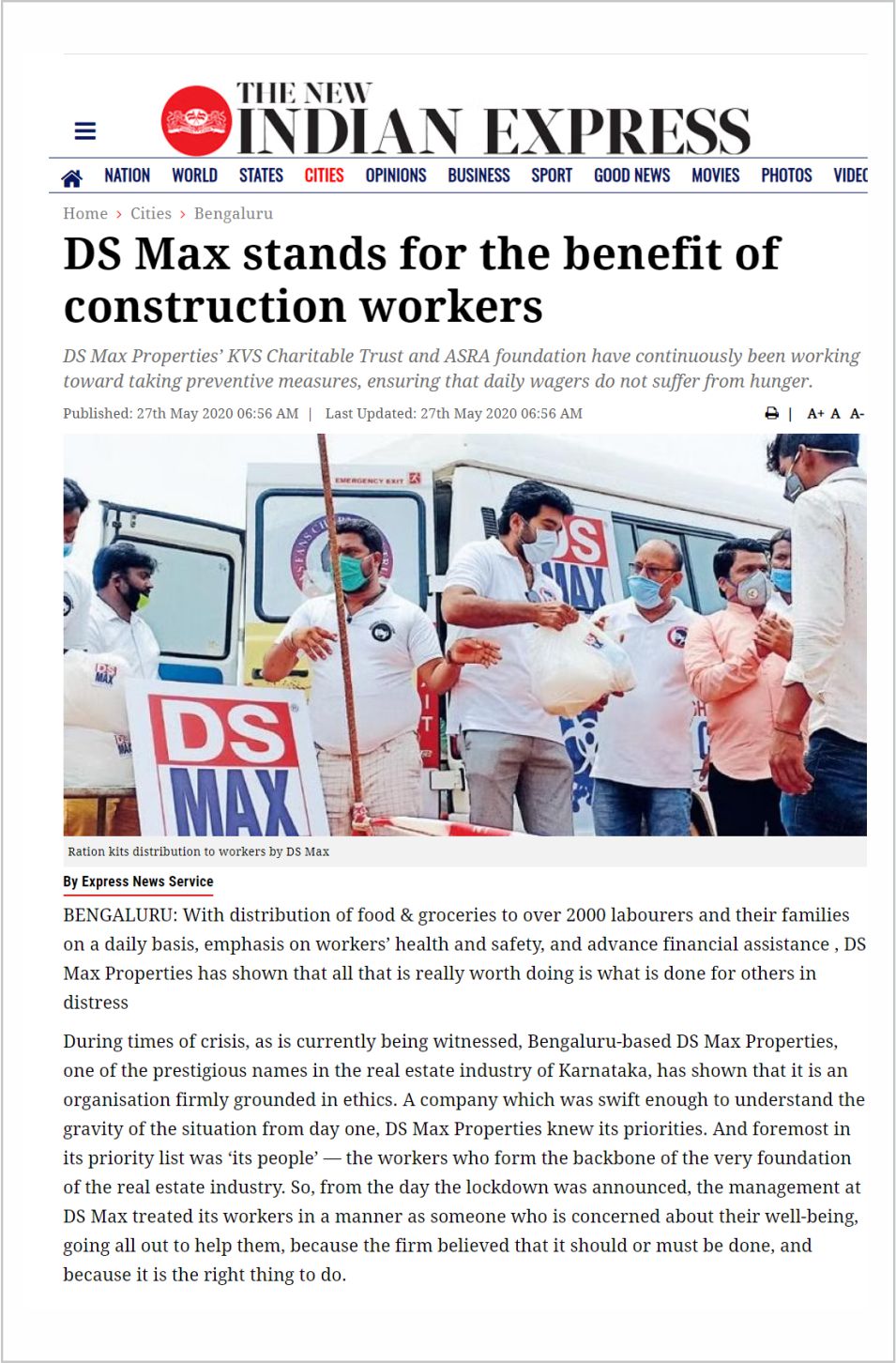                                     DS-MAX Properties aids construction workers during COVID-19 lockdown, featured in The Indian Express.
                                    
